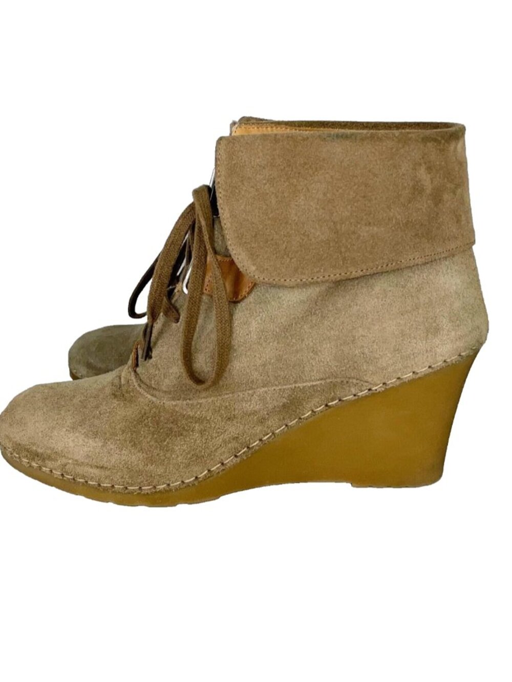 Bettye Muller Suede Wedge Lace Up Boots Taupe Beige Ankle Booties Women's 39 8.5